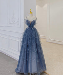 Blue Tulle Beads Long Ball Gown Dresses Blue Formal Dresses