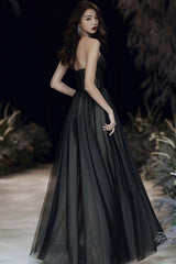 Black tulle long prom dress A line eveing dress