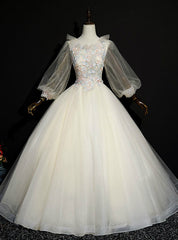 Find Your Dresses For Prom! Champagne Ball Gown Tulle Long Sleeve Appliques Quinceanera Dresses