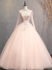 Find Your Dresses For Prom! Pink Ball Gown Tulle Long Sleeve Backless Appliques Quinceanera Dresses