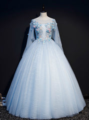 Find Your Dresses For Prom! Sky Blue Ball Gown Tulle Appliques 3/4 Sleeve Quinceanera Dresses