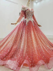 Fit Your Body Type Red Ball Gown Tulle Sequins Long Sleeve Beading Crystal Wedding Dresses