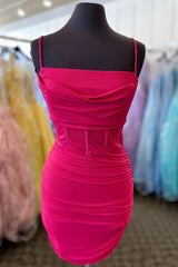 Fitted Fuchsia Straps Pleated Short Homecoming Dresses