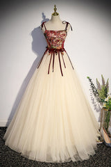 Flowers Champagne Long Tulle Prom Dress with Straps