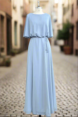 Flutter Sleeves Chiffon Sky Blue Bridesmaid Dress with Sash Bow Max Dresses