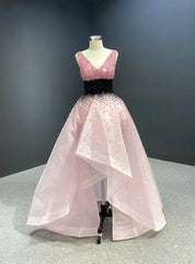 For You Pink  Organza V-neck Heavy Beading Prom Dresses