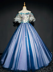 For Your Big Night Blue Ball Gown Tulle Off the Shoulder Puff Sleeve Quinceanera Dresses