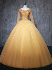 For Your Big Night Gold Ball Gown Tulle Long Sleeve Beading Sequins Quinceanera Dresses