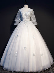 For Your Big Night Light Gray Tulle Ball Gown Short Sleeve Appliques Quinceanera Dresses