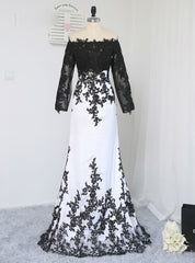 Formal Celebrity Dresses Mermaid Long Sleeves Evening Dresses Black White Appliques