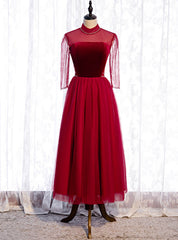 Formal Tulle Burgundy Short Sleeve High Neck Prom Dresses