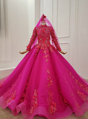 Fuchsia Ball Gown High Neck Long Sleeve Appliques Beading Wedding Dresses