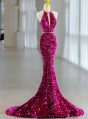 Fuchsia Mermaid Sequins Halter Prom Dresses