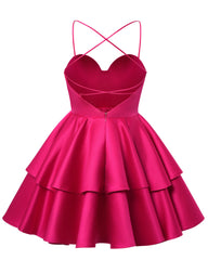 Red Satin Homecoming Dress Sweetheart Neck Tiered Short Graduation Dresses