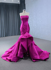 Fuchsia Satin Mermaid  Pleats Prom Dress