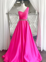 Fuchsia Satin One Shoulder Pleats Prom Dresses