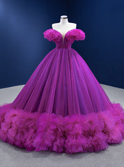 Fuchsia Tulle Off the Shoulder Pearls Prom Dresses