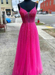 Fuchsia Tulle Spaghetti Straps Prom Dresses