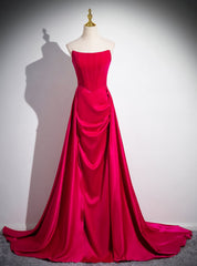 Fuchsia Velvet Satin Strapless Pleats Prom Dresses