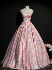 Get a Prom-Ready Look Pink Satin Ball Gown Print Straps Long Quinceanera Dresses