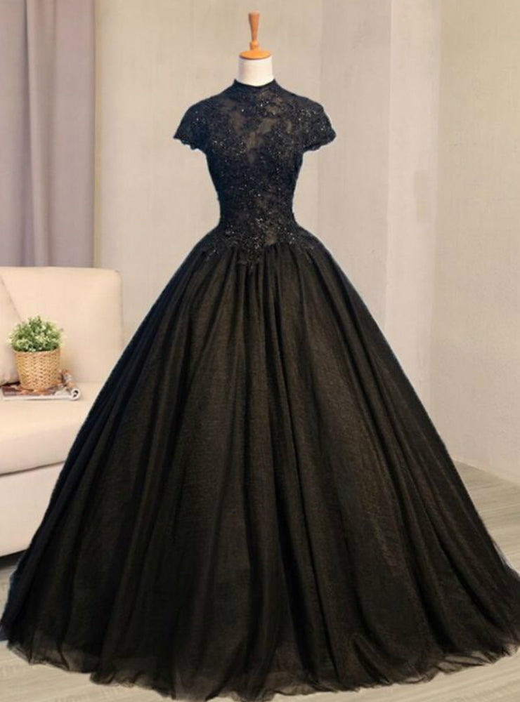 Get Your Discounts Black Ball Gown Tulle High Neck Cap Sleeve Backless Quinceanera Dress