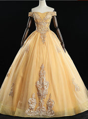 Get Your Discounts Gold Ball Gown Tulle Appliques Beading Off the Shoulder Quinceanera Dresses