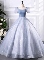 Glam Tulle  Floor Length Prom Dress, Beautiful Short Sleeves Sweet 16 Dress