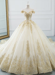 Glamorous Champagne Tulle Lace Appliques Off The Shoulder Wedding Dresses