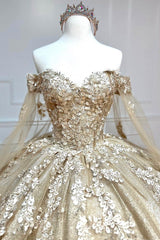 Glamorous Gold Sweetheart Ball Gown with Cape Sleeves Quinceanera Dress