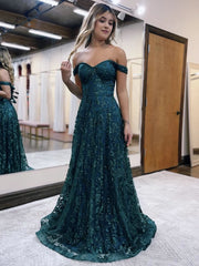 Glitter Mermaid Off The Shoulder Dark Green Long Prom Dresses