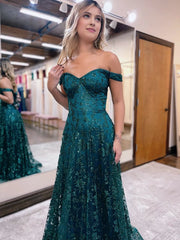 Glitter Mermaid Off The Shoulder Dark Green Long Prom Dresses