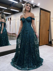 Glitter Mermaid Off The Shoulder Dark Green Long Prom Dresses