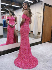 Glitter Mermaid One Shoulder Pink Long Prom Dresses With Slit