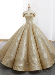 Gold Ball Gown Sequins Off The Shoulder Appliques Wedding Dress