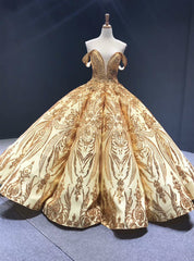 Gold Ball Gown Sequins Off the Shoulder Luxury Prom Dresses