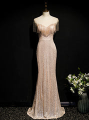 Gold Mermaid Sequins Beading Tassel Cap Sleeve Prom Dress