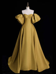 Gold Satin A-line Lace-up Long Party Dresses with Sleeves, Gold Satin Prom Dresses