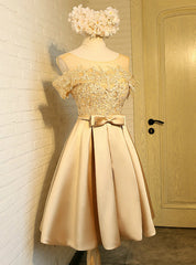 Gold Satin Appliques With Bow Homecoming Dresses