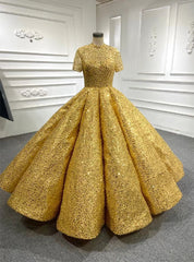 Gold Sequins High Neck Short Sleeve Prom Dresses