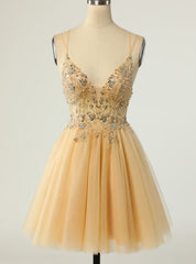 Gold Tulle Double Straps Beading Sequins Homecoming Dress