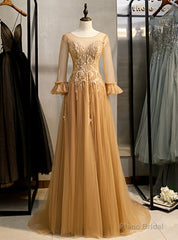 Gold Tulle Long Sleeve Backless Beading Prom Dress