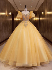 Gold Tulle Puff Sleeve Beading Pearls Quinceanera Dresses