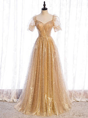 Gold Tulle Sequins Square Short Sleeve Pearls Prom Dresses