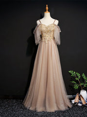 Gold Tulle Spaghetti Straps Appliques Beading Prom Dresses