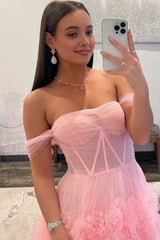 Gorgeous A Line Off the Shoulder Long Tulle Prom Dress with Slit