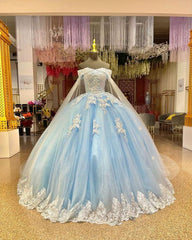 Gorgeous Light Blue Quinceanera Dresses With Cape Princess Birthday Sweet 15