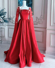 Gorgeous Red Satin Appliques Prom Dresses,Formal A Line Party Evening Dresses With Cape