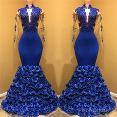 Gorgeous Royal Blue Prom Dresses Long Sleevess Evening Gowns with Rose Flowers