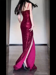 Gorgeous Sheath Spaghetti Straps Burgundy Sequin Long Evening Dresses Prom Dresses Birthday Outfits