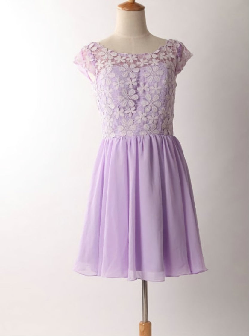 Graceful Purple Lace Round Neckline Short Prom Dresses Purple Bridesmaid dresses Graduation Dresses